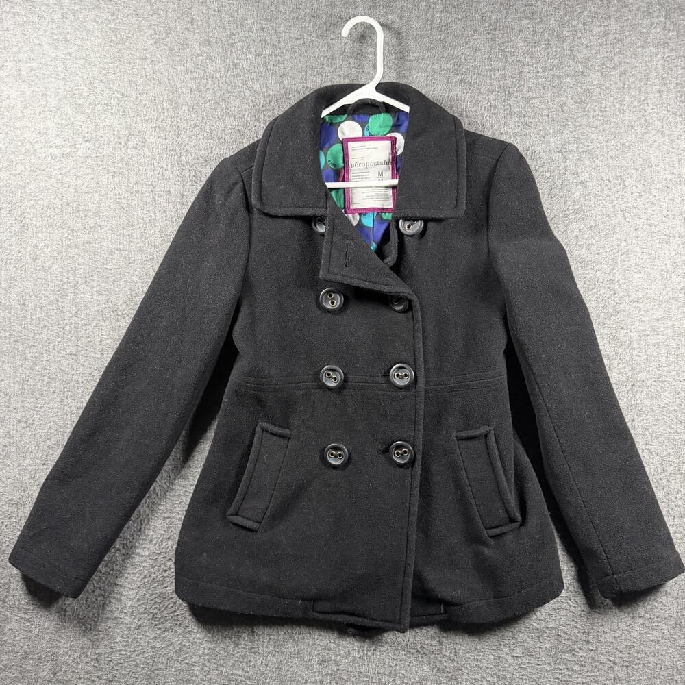 Aeropostale Coat Womens Medium Black Pea Coat Polka Dot Lined Double Breasted